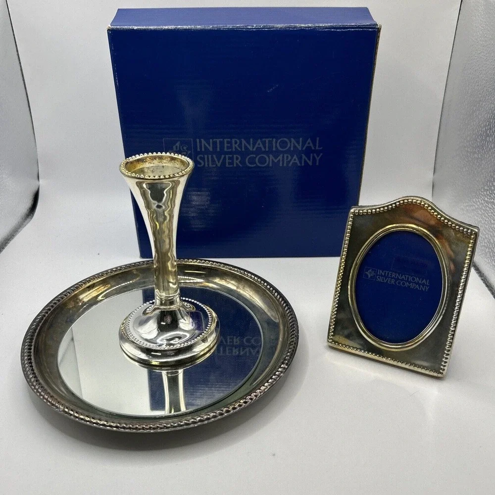 Vintage 3 PC Vanity Set Vase,Frame and Mirrored Tray International Silver Co. - Picture 1 of 6